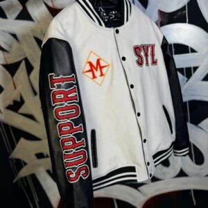 White Wool Varsity Jacket with Black leather Sleeves