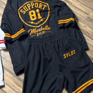 Black custom sports jersey and shorts set with Gold details from Marbella SYL81