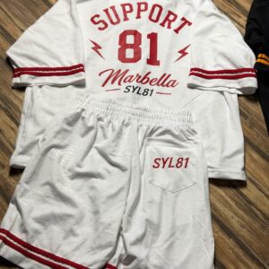 White athletic streetwear set featuring a jersey with "SUPPORT 8